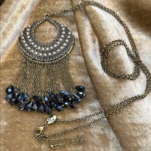 Chico's Silver Blue Crescent Necklace with Crystal Fringe